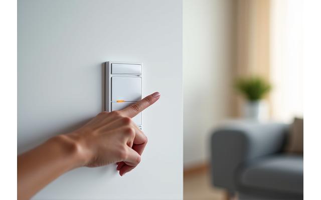 세련된 디자인의 스마트 스위치로 벽 조명을 켜는 손